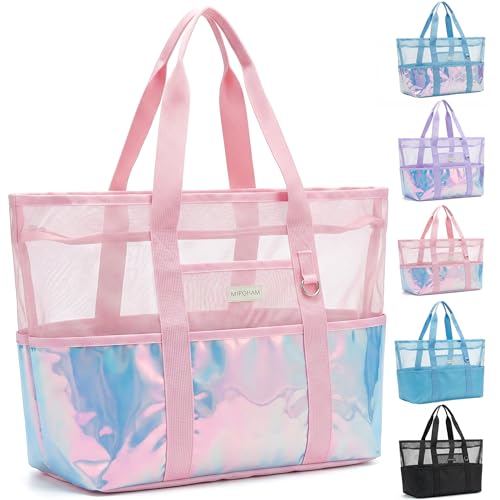 MIPOHAM Mesh Beach Bag with Zipper Large Beach Tote Bags for Women Pool Swim Bag Travel Tote Bags gym Bag Beach Vacation Essentials (Iridesent Pink)