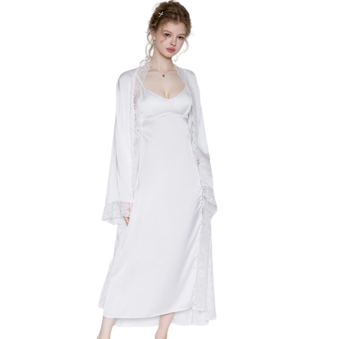 Accappatoio Kimono Completo Elegante da Notte E Vestaglia in Raso E Pizzo Trasparente, Lunghezza al Ginocchio.