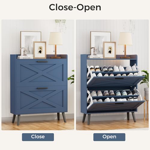 Image of Homleke Farmhouse Shoe Storage Cabinet with Flip Drawers & Barn Door Design | Slim Narrow Shoe Rack Cabinet with Adjustable Shelves & Hidden Storage for Entryway, Foyer, Hallway, Living Room, Blue