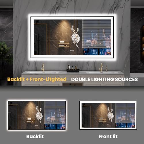 LOAAO 72"X32" LED Bathroom Mirror Black Framed, Anti-Fog, Dimmable, Lighted Bathroom Vanity Mirror for Wall, Memory Function, Tempered Glass