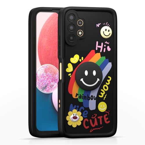 Image of Pikkme Back Cover for Samsung Galaxy A13 4G / A13 5G | Soft Silicone| Cute Rainbow Smile & 3D Cartoon Flower Design | Shockproof Raised Camera Protection Bumper Case (Black)