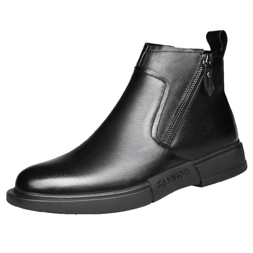Tokouk Men'S classic Leather Flat Casual Chelsea Boots Fashionable Comfy Slip-On Winter Fleece Business Work Dress Chukka Boots