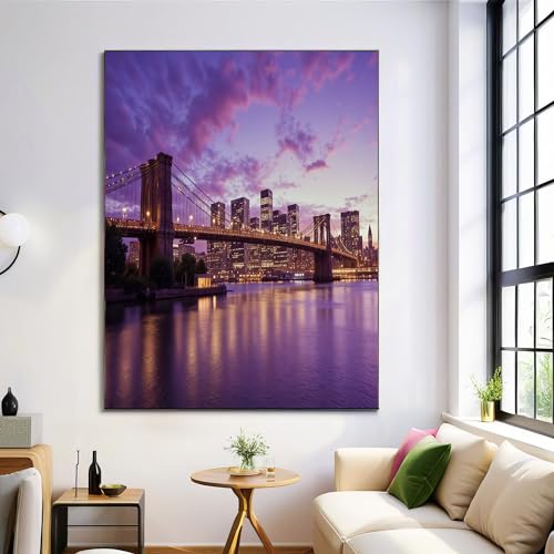 ANALTIRCE Poster Pintura Artística Sobre Lienzo Decorativo, 3D Atardecer Puente Con Ciudad Horizonte, Para Salón Pasillo Oficina Hogar, 80×120 cm Sin Marco