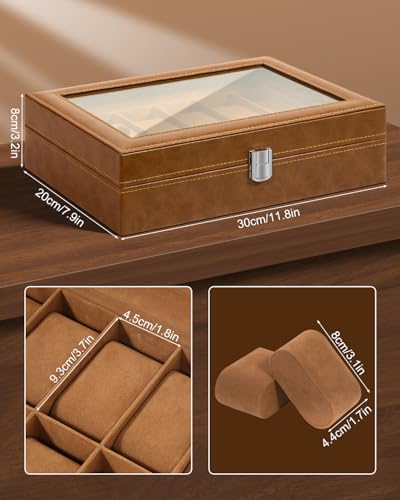Image of Uten 12-Slot Watch Box, PU Leather Watch Case with Glass Lid, Brown | Watch Jewelry Storage Organizer Display with Velvet Lining, fits Watch Size up to 48mm, Gift for Men and Women, Birthday