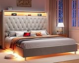 Jocisland Queen Size Bed Frame 53.6'' Tall Headboard LED Lights and Charging Station, Velvet Hign Upholstered Platform Bed Wingback Storage, No Box Spring Needed, Motion Activated Light, Light Grey