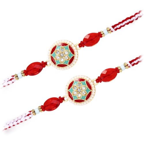 Image of Peora Rakhshabandhan Thread Rakhi for Brother Bhaiya | Kundan Beads & Crystal Studded | Combo Set of 2 | Rakhi Hamper Roli Chawal & Greeting Card