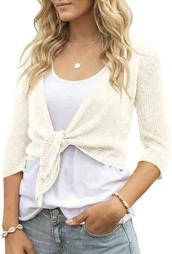 Saodimallsu Womens Tie Front Shrugs 3/4 Sleeve Cropped Summer Lig...