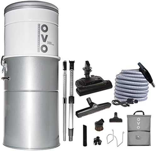 OVO Unit Heavy Duty Powerful Central Vacuum System, Hybrid Filtration (with or Without Disposable Bags) 35L or 9.25Gal, 700 Air watts with 35 ft Carpet Deluxe Accessory Kit, Silver
