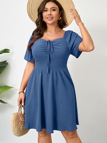 Image of RWJ Women Plus Size Summer Dress Short Sleeve Tie Front Sweetheart Neck Casual Mini Wedding Guest Dresses 2025