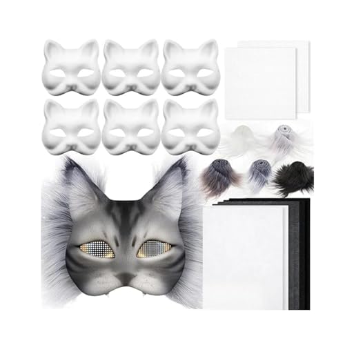 Masque Chat Diy Therian Ensemble, Masque Bal Masqué, 6 Masque Halloween, MatéRiau Papier, Livré Avec De La Fausse Fourrure,De La Maille Et Du Feutre...