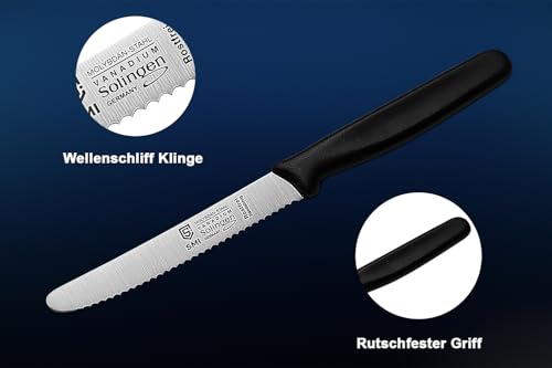 Foto von SMI 2-teiliges Frühstücksmesser Set Solingen Brötchenmesser Wellenschliff Tomatenmesser Küchenmesser Schwarz Made in Germany (2 Stück)