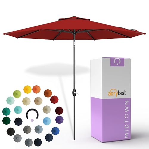 Image of Midtown Umbrellas - The Lean 9 Ft Patio Umbrella with 10-Year-No-Fade Acrylast Acrylic Fabric, Auto-Tilt and 8 Reinforced Ribs for Deck, Pool, Garden, Hotel & Cafes - Regatta Red Canopy, Black Pole