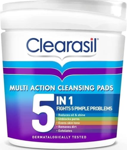 Image of Clearasil 5-in-1 Ultra Cleansing Salicylic Acid Pads, Face Exfoliating for Acne Prone Skin, Unblock Pores, Reduces Blackheads, Pimples & Excess Oil, Everyday Spot Prevention, Pack of 65