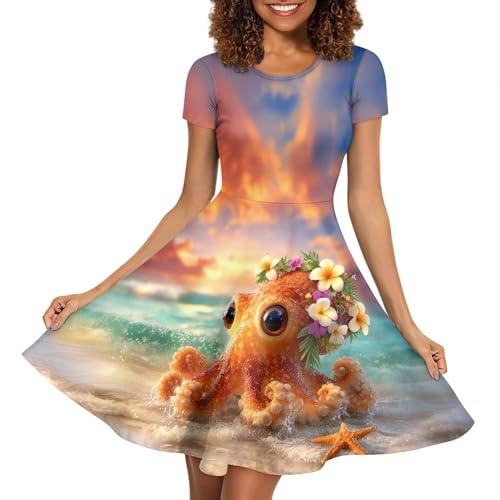 Image of Forchrinse Octopus Dresses for Women Casual Short Sleeve A Line Dress Summer Crew Neck Swing Midi Dresses Soft High Waist T Shirt Sundress for Beach Vacation Work