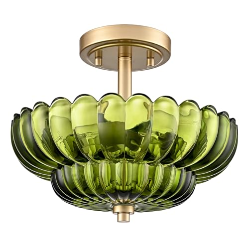 Image of Modern Green Glass Scalloped 3-Light Flush Mount Ceiling Light Gold Base | Vintage Ceiling Lights, Close to Ceiling Light, Semi Flush Mount Ceiling Light for Hallway Bedroom Entryway Kitchen