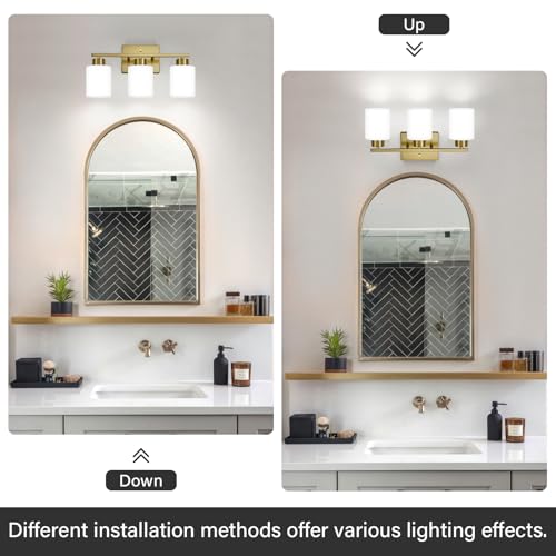 Image of FonmYim Brushed Gold Bathroom Light Fixtures, 3-Light Modern Vanity Light Over Mirror, Wall Sconces with Milky White Frosted Glass Shades, E26 Socket (Bulbs Not Included)