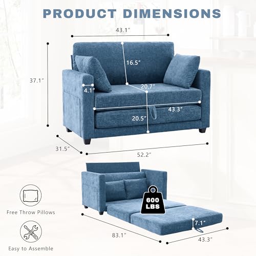 Image of 52 inch Loveseat Sleeper Sofa Bed, Convertible Small Pull Out Couch with Solid Back, 2 Pillows, Modern Upholstered Loveseat for Compact Living Room, Apartment, Bedroom, Blue