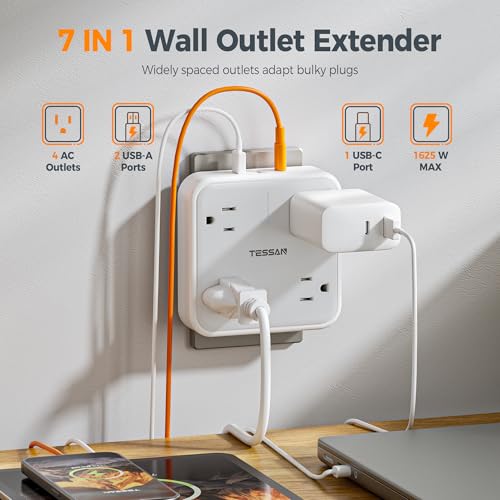 Wall Outlet Extender, TESSAN 4 Multi Plug Outlet Splitter with 1 USB C and 2 USB A Charging Ports, Multiple Plug Extension Block with Surge Protector for Home, Kitchen, Office, Dor image 3