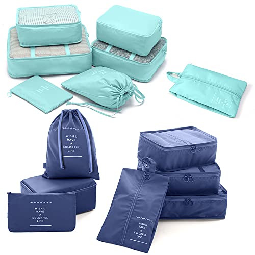 2 set med 14 delar bagageorganisatör med skoväska, resväskor organiseringsset för kläder, packkuber för resväskor, ljusblå, marinblå