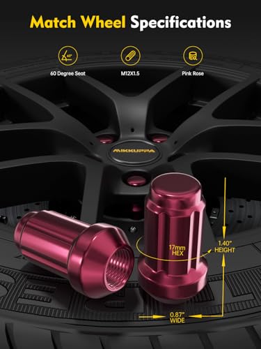 Image of MIKKUPPA M12x1.5 Lug Nuts, Rose Pink 20PCS Closed End Spline Lug Nuts | Replacement for 1994-2013 Impala, 1998-2022 Accord /CRV /Civic, 2003-2008 Pilot Aftermarket Wheel