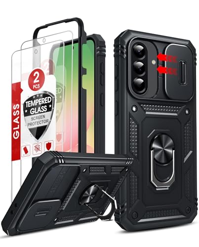 LeYi for Samsung Galaxy A56 5G Case with Camera Cover Slider, 360 Full Body Tough Armor Phone Cover Hard Heavy Duty Protective | 2 Tempered Glass Screen Protector | Ring Stand Holder for A 56, Black