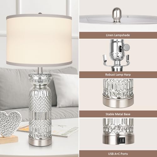 Hamucd STR-DL-0053 Mercury Glass Table Lamps Set Of 2 For Living Room With Usb A+C, 3 Color Temperature Sliver Crackle Lamps With White Shades Decor For Modern Bedroom Bedside Nightstand Crystal Lamps thumb #4
