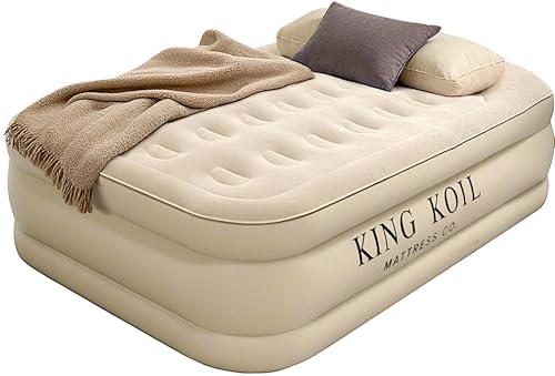 King Koil Luxury Air Mattress 16in Full Size Beige with Built-in Pump for Home, Camping & Guests-Inflatable Airbed Luxury Double High Adjustable Blow Up Mattress, Durable - Portable and Waterproof