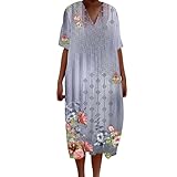 Kragen: V-Ausschnitt Maxi-Sommerkleider für Damen, Vintage, Blumen-Kunstdruck, lässig, fließendes Kleid mit Taschen, V-Ausschnitt, Eigenschaften: langes Kleid, grau, M