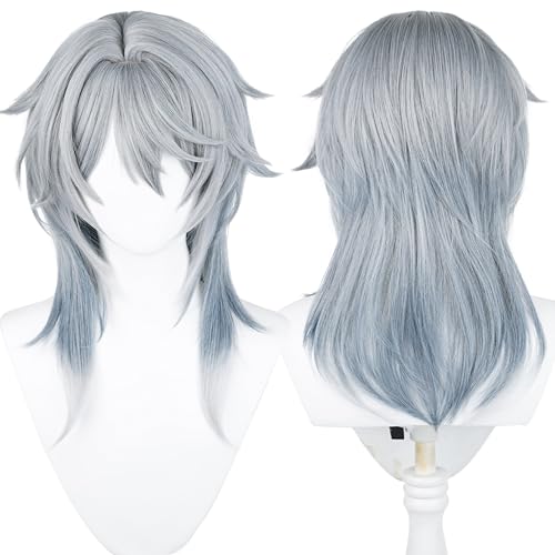 maysuwell Sunday Anime Gray Blue Wig with Bangs Men Long Straight Wig Layered Haircut Game Cosplay Wigs Halloween,Christmas,Comic con,Game Show,Party,Carnival