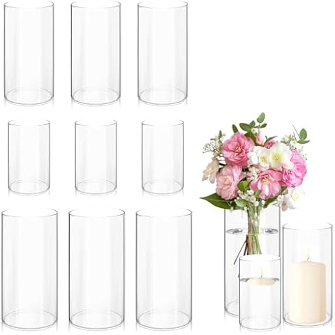 9 Pack Glass Cylinder Vases 6,8,10 Inch Tall Clear Flower Vase Bulk Glass Vases Hurricane Floating Candle Holder for Table Centerpiece Party Wedding Home Decor Cover
