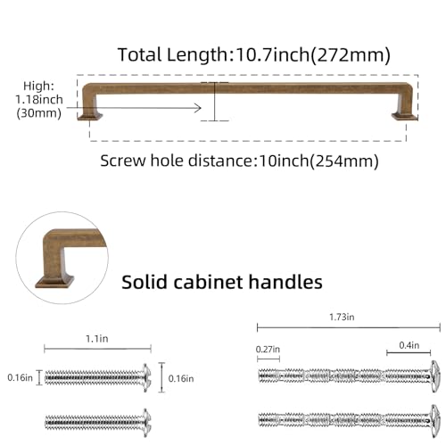 POVEFONK 10 Pack Antique Brass Kitchen Cabinet Handles - 10 inch(254mm) Vintage Drawer Pulls Aged Gold Bronze Cabinet Hardware by POVEFONK - Used condition - Image 2