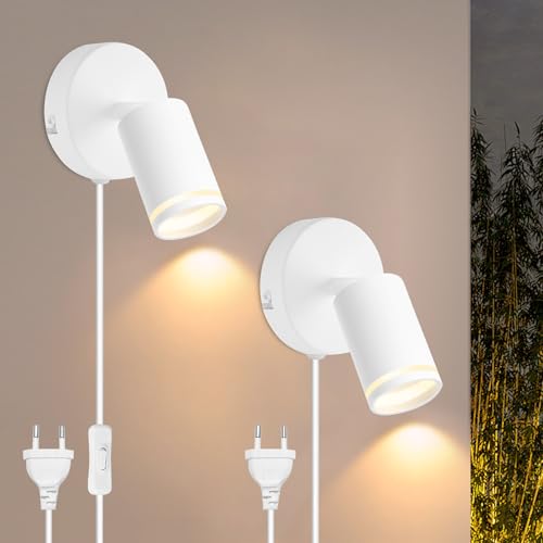 BOYIR Lot de 2 Applique Murale Intérieure avec Interrupteur et Prise - Lampe Murale LED avec Câble, Applique Murale Blanc Rotative 350° Spots Muraux GU10 pour Salon Chambre Couloir, Sans Ampoule
