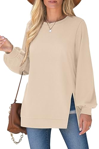 WIHOLL Crew Neck Sweatshirts Women Fall Loose Fitting Basic Tops Lightweight Beige L - Thumbnail 3