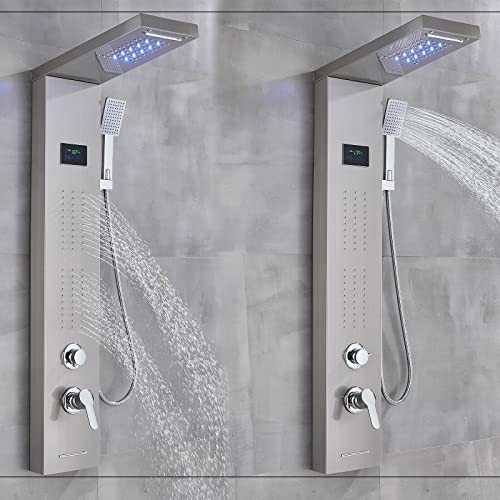 Columna de Ducha de Acero Inoxidable con Panel LED, Sistema Antilluvia y Masaje, Acabado Mate, para Montaje en Pared miniatura 5