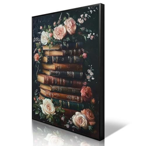 YOZWNGU Book Canvas Wall Art, Book and Pink White Flowers Aesthetic Poster, Moody Dark Floral Painting Library Reading Nook Wall Decor, Victorian Botanical Bookish Print Gifts 12x16in Unframed