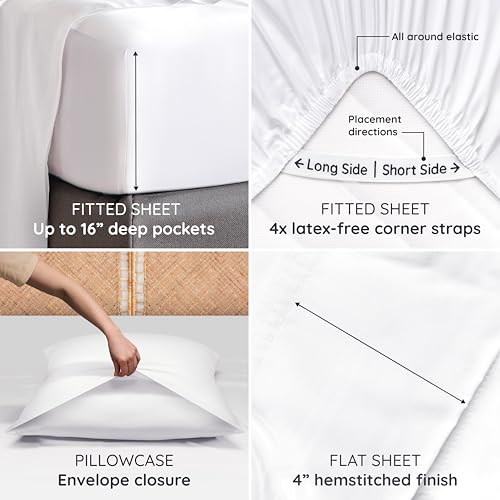 Bambaw King Size Cooling Sheets Set 6pcs - 100% Viscose Derived from Bamboo Sheets Deep Pocket, Fits Up to 16'' with Elastic Corner Straps, King Size Soft Sheets, Breathable Sheets (White) by Bambaw - Image 6