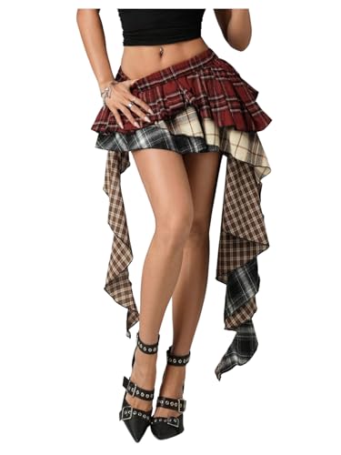 SOLY HUX Womens Plaid Skirt Y2k A Line Layered Asymmetrical Hem Ruffle Mini Skirts with Shorts Underneath Multicoloured Plaid Medium