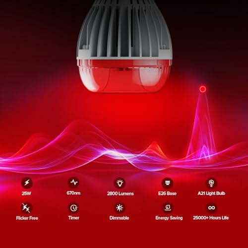 Image of SANSI Red Light Therapy Bulb for Sleep with Remote, 25W A21 E26 | 670nm Dual Mode 3000K Reading Light, Dimmable, Auto-Off Timer, Zero Blue Light, Large Bedroom, Flicker-Free