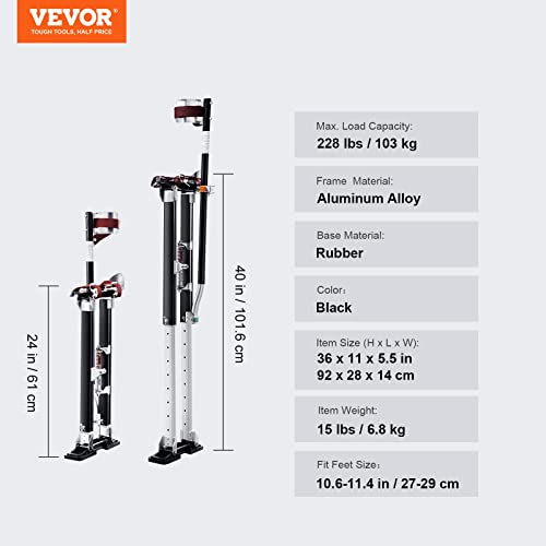 VEVOR 石膏ボードスティルト、24インチ-40インチ 調節可能なアルミニウムツールスティルト 保護膝パッド付き、丈夫で滑りにくい作業用高床 シートロックペインティング、ウォーキング、テーピング、ブラック