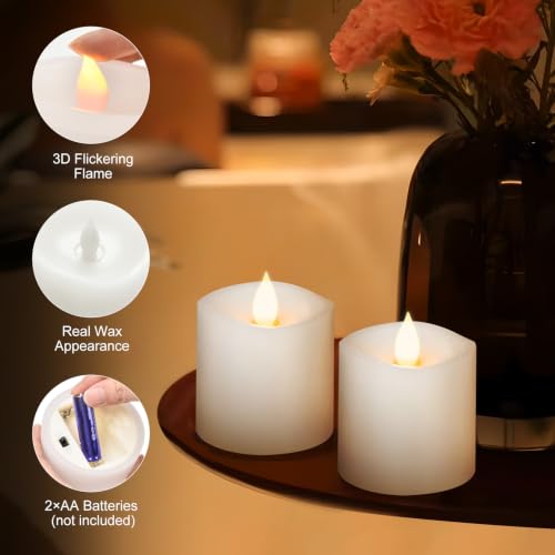 Image of 3x3 Flameless Candles Battery Operated with Remote Timer, Last 600 Hours Battery Candles Flickering, White Real Wax Electric LED Candle for Wedding Party, Set of 2