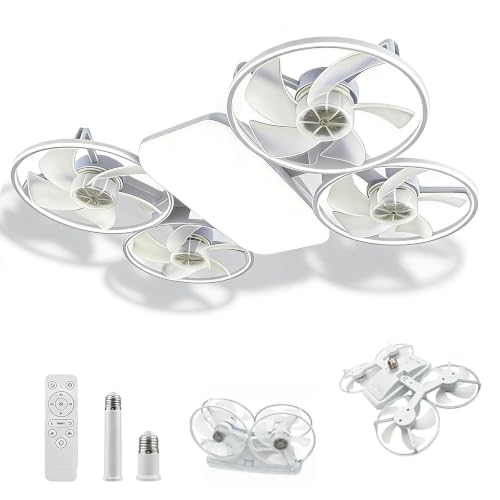 LMIX Ventilateur Plafond avec Lumière, Drone Plafonnier Ventilateur Ampoule LED Silencieux Ventilateurs Lustre Lampe Ventilo E27, 3 Vitesses, 3 Couleurs Dimmable pour Chambre, Salon(Blanc)