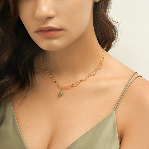 Dainty 14K Gold Plated Hetian Jade Choker Necklace Multi Layer Round Pendant Women 16 Inches Adjustable Jewelry Good Fortune Gift For Her #TOP1
