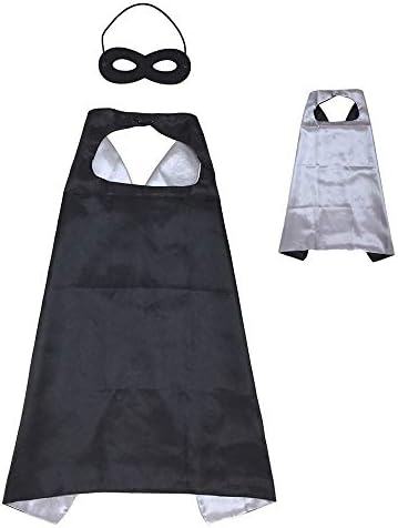 Moligoo Reversible Kids Superhero Cape with Felt Mask Set for Boys Girls Dress up Costumes Halloween Birthday Party Favors, Black and Silver - 27.5"