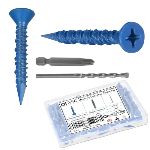 OywhC 50Pcs Masonry Concrete Screws 4.8mm x 45mm with Screwdriver & Drill Bit, Special Blue Coating, Flat Countersunk Head, Conical Diamond Tip, High-Low Threads, for Masonry/Concrete/Brick/Block