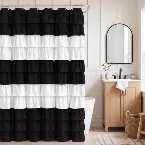 Seasonwood Ruffle Shower Curtain Black and White Shower Curtain, 72" x 84"