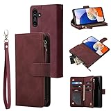 RANYOK Compatible with Galaxy A14 5G Wallet Case, Premium PU Leather Zipper Folio RFID Blocking with Card Slot Wrist Strap Magnetic Closure Built-in Kickstand Protective Case (Wine Red)