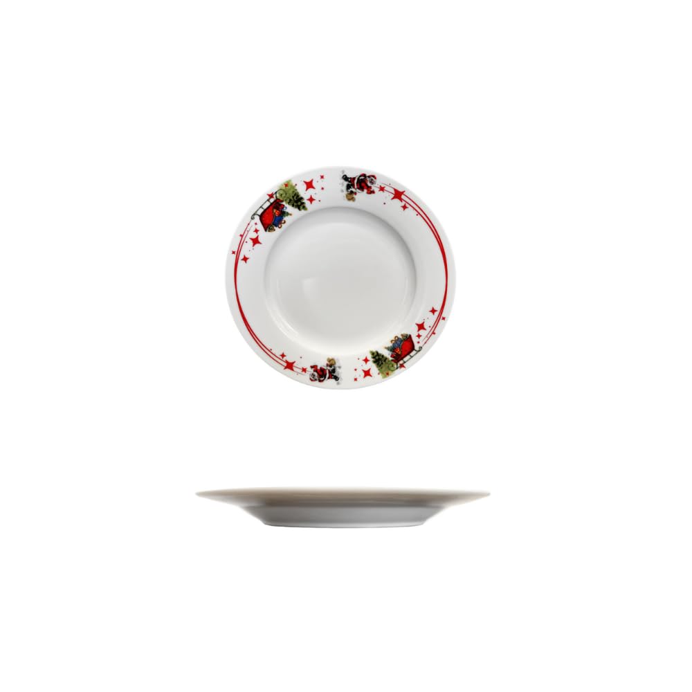Servizio Piatti Natalizio Per 6 Persone Composto Da 18 Piatti Di Cui 6 Piani, 6 Fondi, 6 Dessert, In Porcellana Bianca Dal Decoro Natalizio Con Slitte, Regali, Stelle E Babbi Natale