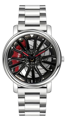 Gosasa Men Racing Watches rotatable Car Rim Wheel hub Design Sports Watches Stainless Steel Waterproof Watch, Silver Red, sports fashion