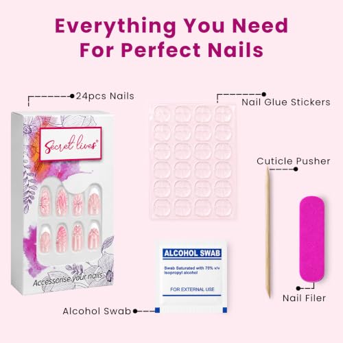 Image of Secret Lives Almond Nail Extensions 3D Pink Pearl With French Tip Details Dimensional Flower Artificial Nail Art, 24-Piece Set with Kit