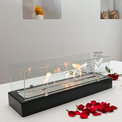 TriHome Tabletop Fire Pit, Safer Wooden Table Fireplace, Portable Wood Table Top Firepit Bowl, Fireplace for Patio&Backyard Decor, Bioethanol Fire Place, Indoor&Outdoor, House Gift, Medium, Black Cover